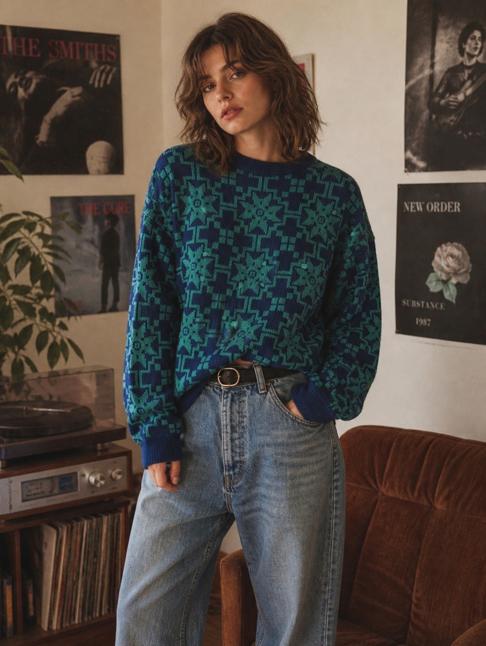 ESPRIT VINTAGE PATTERN SWEATER 80s 90s STYLE OVERSIZED KNIT GEOMETRIC PRINT